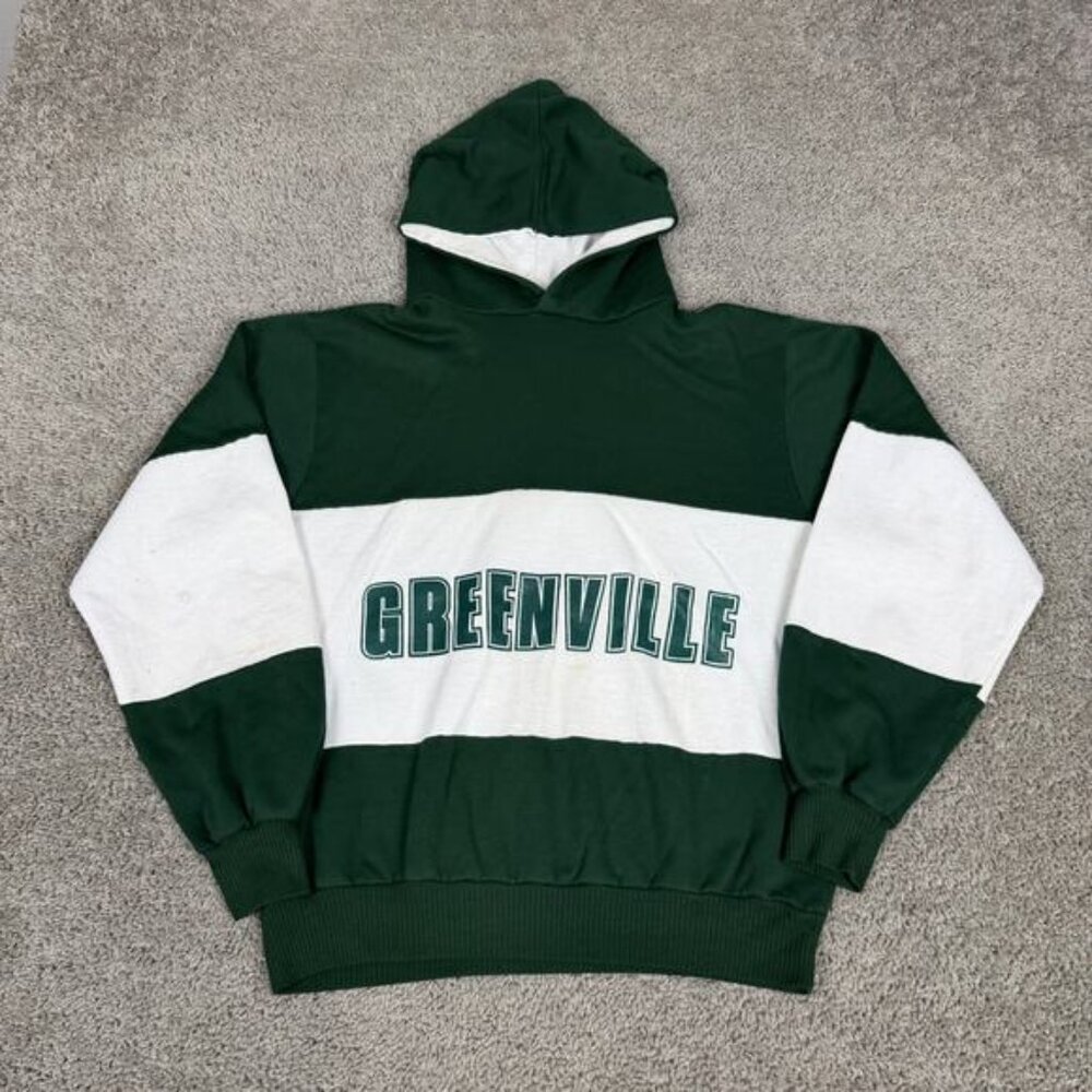 VTG Greenville Hoodie Mens XL Green White Colorblock Fleece Pullover Stripe 80s